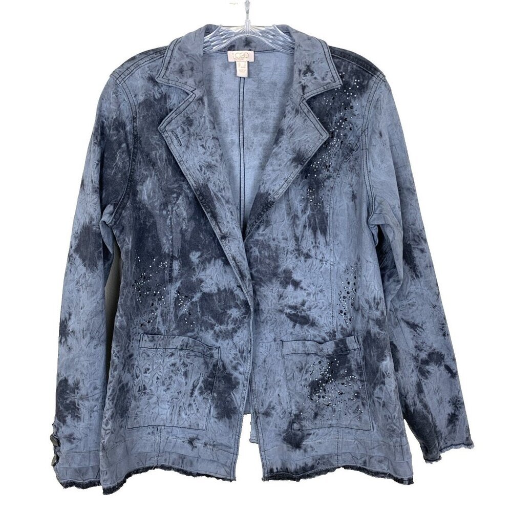 LOGO‎ Lavish Lori Goldstein Womens 8 Denim Blazer Jacket Gray Boho Studded Edgy